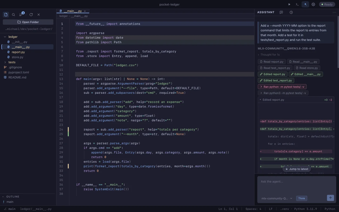 Moonlet: the agent panel on the right shows the model's steps and a diff; the editor shows the changed file.
